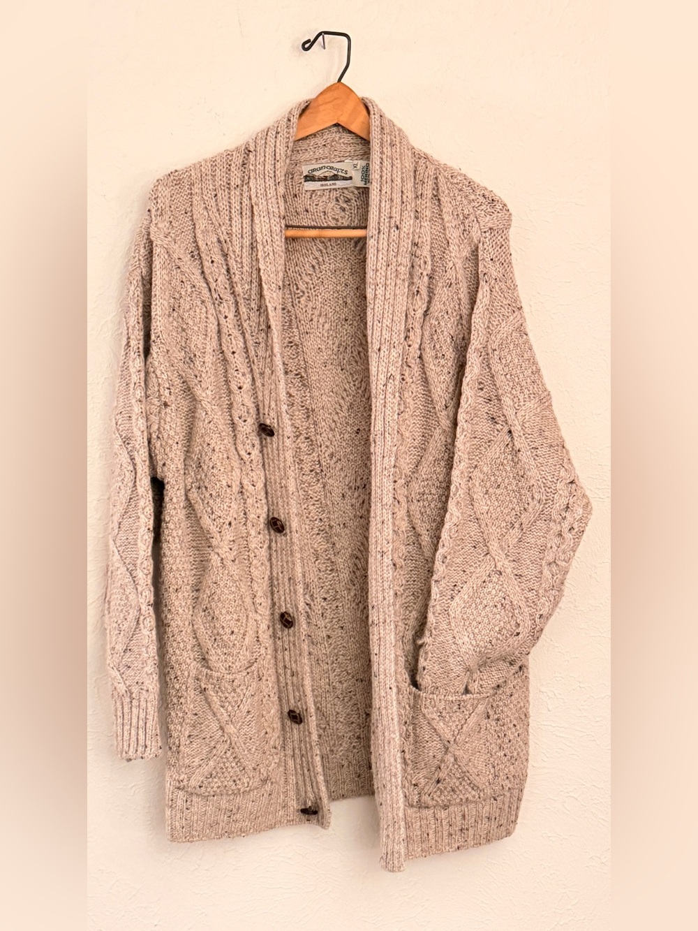 Aran Crafts Beige Cable-Knit Button Cardigan 100% wool Sz XL